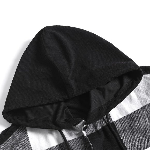 Black And White Casual Mens Plaid Print Drawstring Hooded Overcoat - Picture 6 of 7